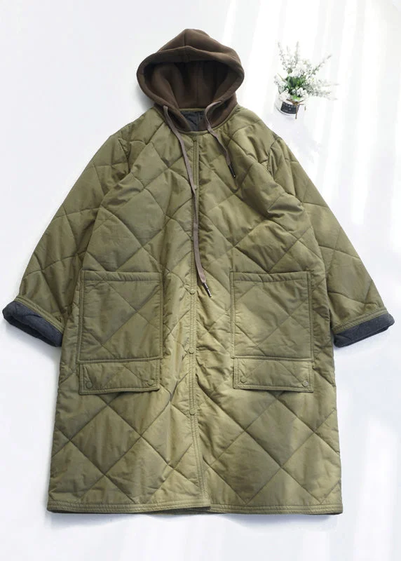 Women's Long CoatsCasual Army Green Pockets Fine Cotton Filled Hooded Coat Fall