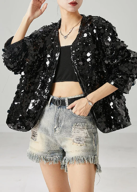 Women's Coats with ZipperWomen Black Sequins Oversized Coat Spring