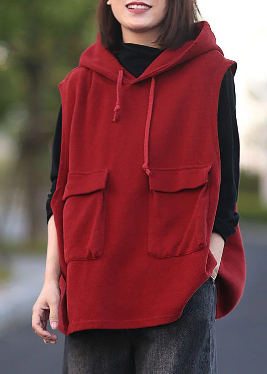 Women's Coats with Fur Trimmed ZipperClassy Red Hooded drawstring Pullover Sleeveless waistcoat