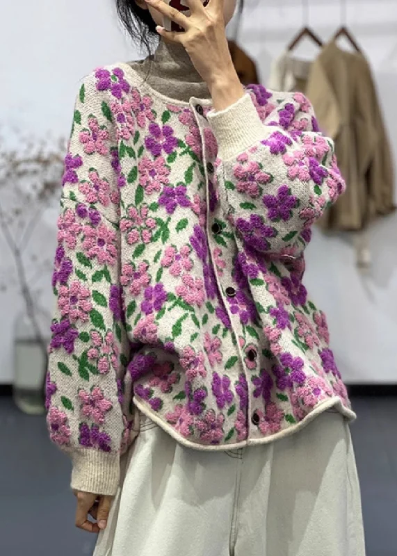 Women's Coats with ButtonsFloral Light Purple O Neck Button Cotton Knit Coat Long Sleeve