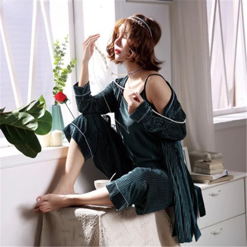 women's pajamas made from organic cotton3 Pieces Stripes Solid Female Sleepwear Elegant Nightgown