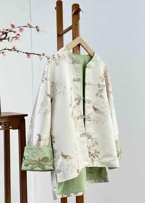 Women's Coats with BeltChinese Style Embroidered Jacket Jacquard Button Loose Top