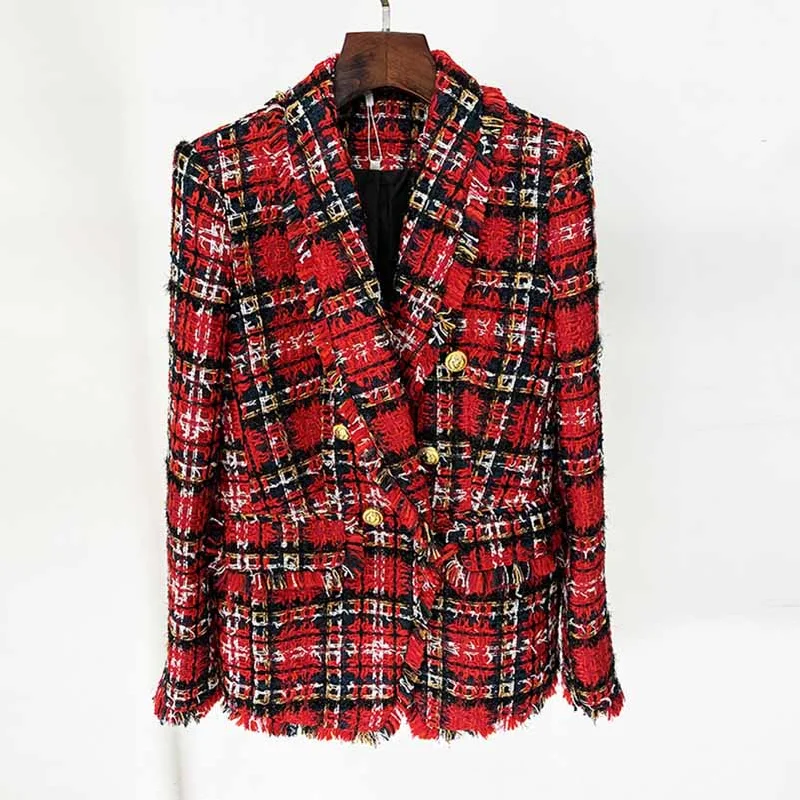 Women's Windbreaker CoatsRed Check Tweed Blazer Double Breasted Plaid Coat