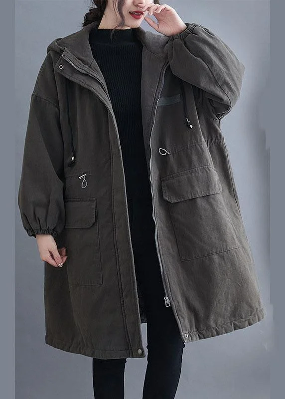 Women's Coats with ButtonsOrganic Grey Hooded Zippered Pockets Winter Long sleeve Coat