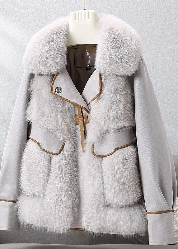 Women's Coats with Fur Trimmed HoodFrench Grey Fox Collar Leather Patchwork Button Down Coat Winter