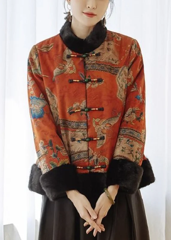 Women's Coats with Fur Trimmed CollarVintage Orange Button Patchwork Parkas Winter