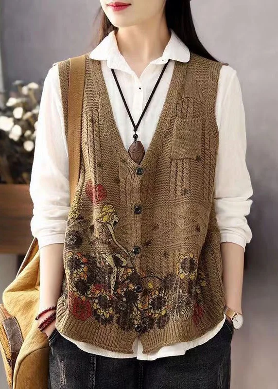 Women's Coats with CollarWomen Brown V Neck Print Button Cotton Knit Waistcoat Sleeveless