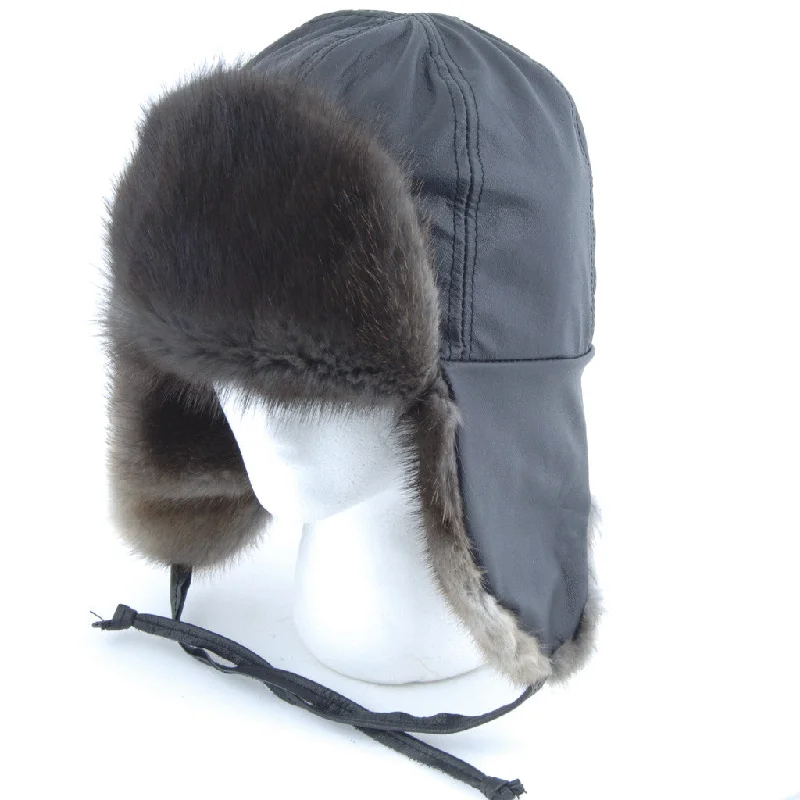 protective hard hats for constructionNatural Black Muskrat Aviator Fur Hat