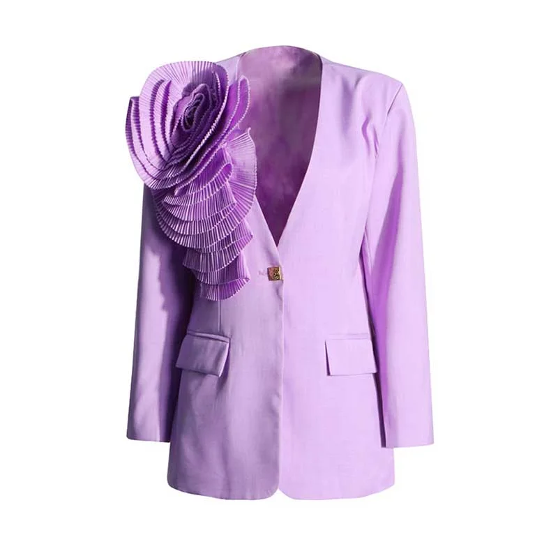 Women's Coats with Fur Trimmed PocketsWomen's Blazer Flower Embellished V Neck Single Button Jacket