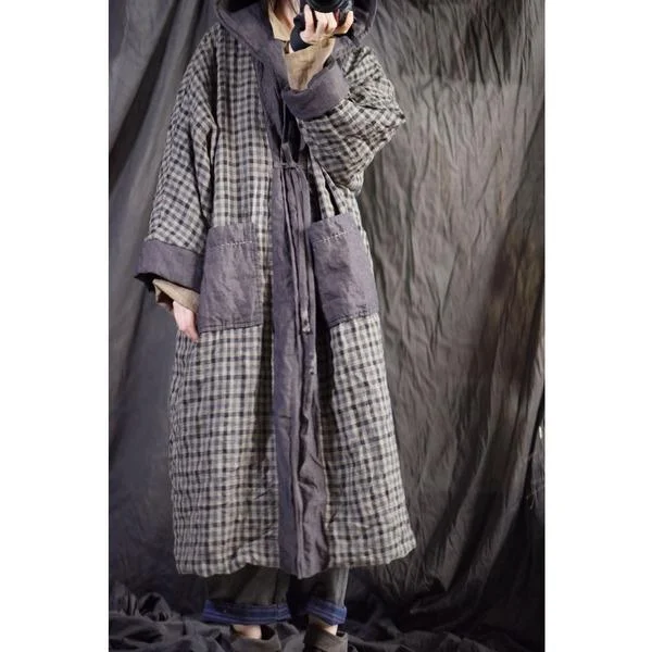 Women's Coats with Fur Trimmed SleevesOmychic Linen Plaid Hooded Parkas Long Coat Female Padded Outerwear