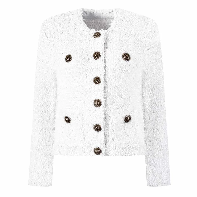 Women's Zip-Up CoatsWhite Collarless Four-Pocket Jacket Knitted Woolen Cardigan Coat