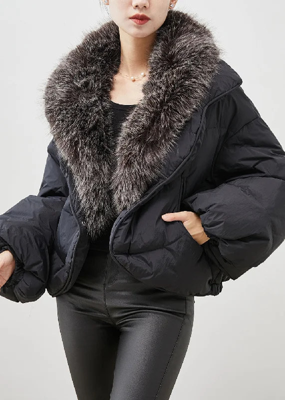 Women's Coats with Fur Trimmed ZipperWomen Black Rabbit Hair Collar Warm Duck Down Puffer Jacket Winter