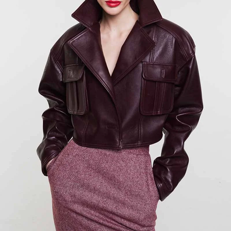 Women's Coats with Fur Trimmed ZipperWine Red Faux Leather Cropped Jacket Oversized One Button Coat