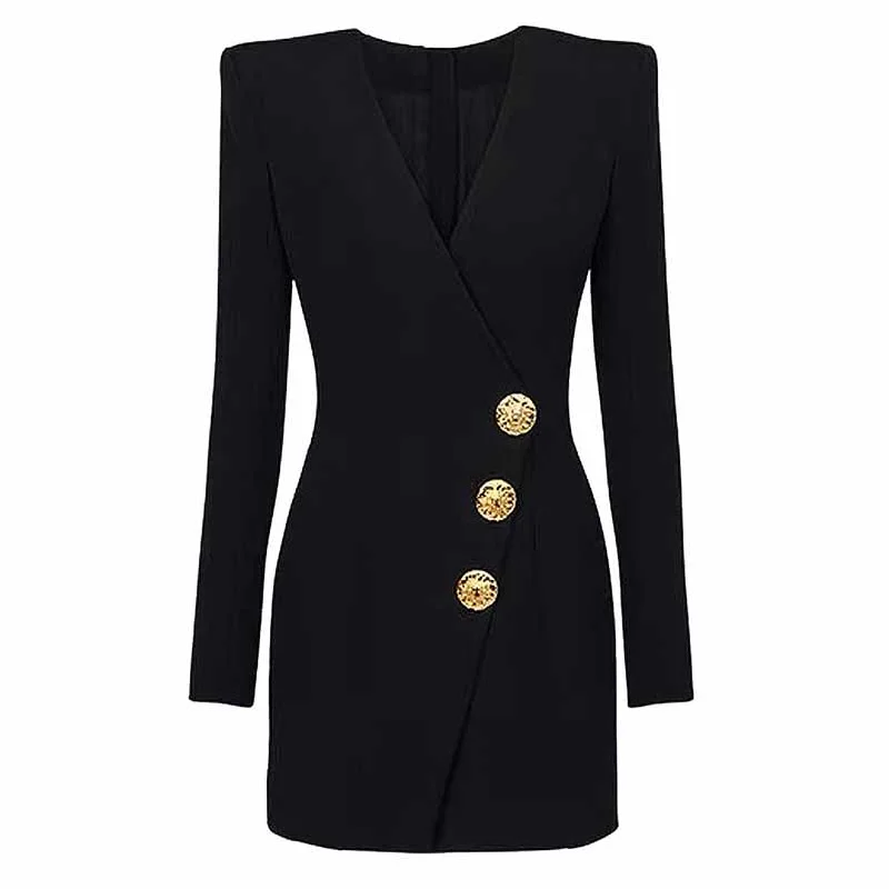 Women's Coats with Fur Trimmed ButtonsWomen's Button-embellished Black Mini Blazer Dress