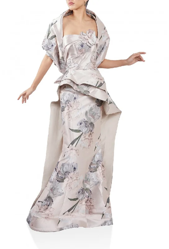 lightweight sports hatsTerani Couture 242E3145 Printed Long Formal Removable Cape Gown