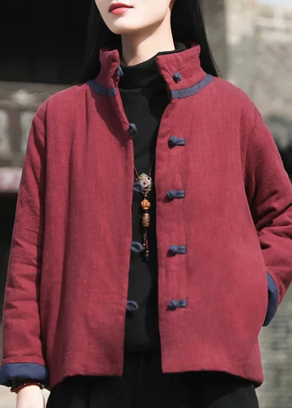 Women's Coats with Fur Trimmed ButtonsVintage Wine Red Stand Collar Button Cotton Filled Parkaer Winter