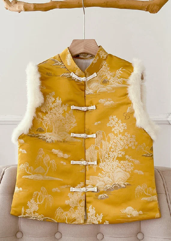 Women's Button-Up CoatsOriginal Yellow Button Fluffy Silk Sleeveless Waistcoat Stand Collar