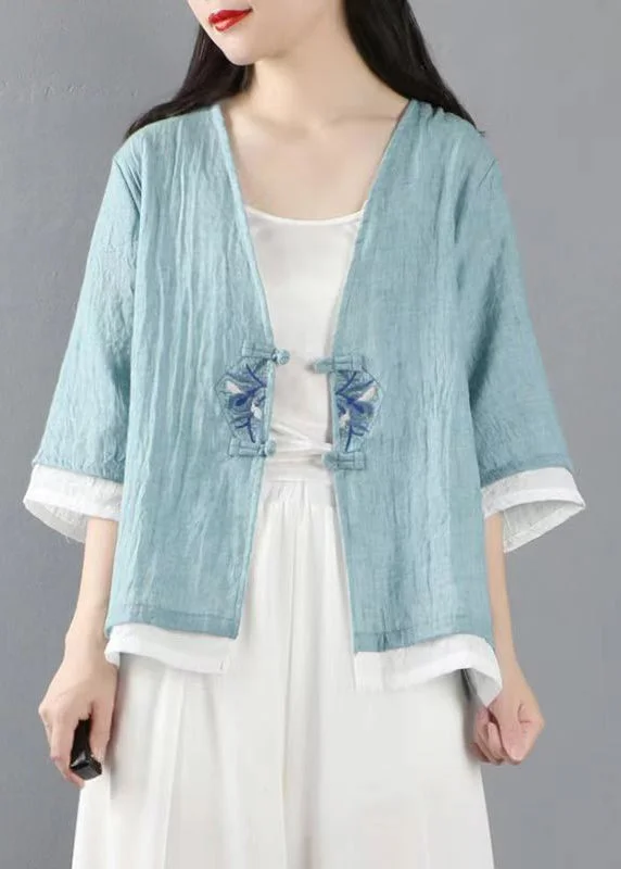 Women's Coats with Fur Trimmed ZipperLight Blue Button Patchwork Linen Tops Coats V Neck Half Sleeve