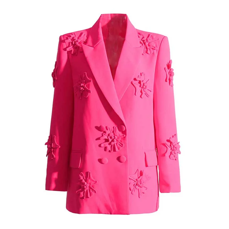 Women's Coats with Fur Trimmed PocketsWomen's Double Breated Peak Lapel Blazer with Flowers