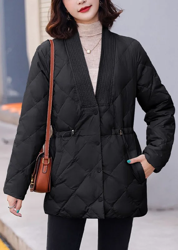 Women's Coats with Fur Trimmed BeltLoose Black V Neck Button Drawstring Parka Winter