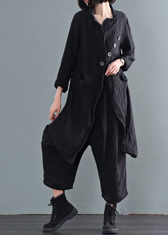 Women's Coats with Fur Trimmed HoodBlack Oversized Linen Trench Coats Wrinkled Button Fall