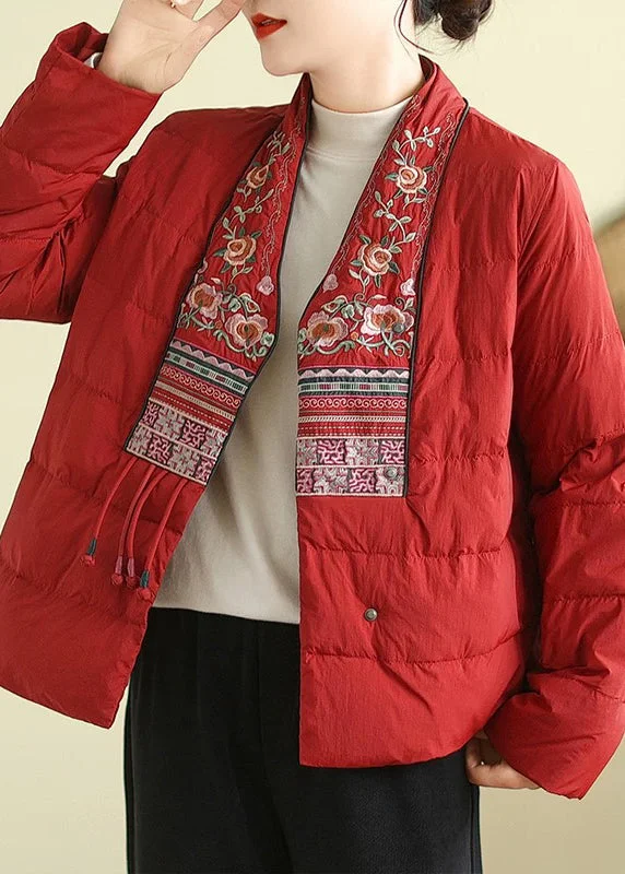 Women's Coats with HoodHandmade Red V Neck Embroidered Cotton Filled Parkas Winter