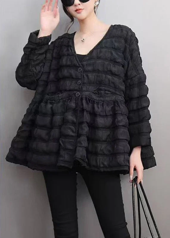 Women's Coats with Fur Trimmed ButtonsStyle Black V Neck Patchwork Parka Puff Sleeve