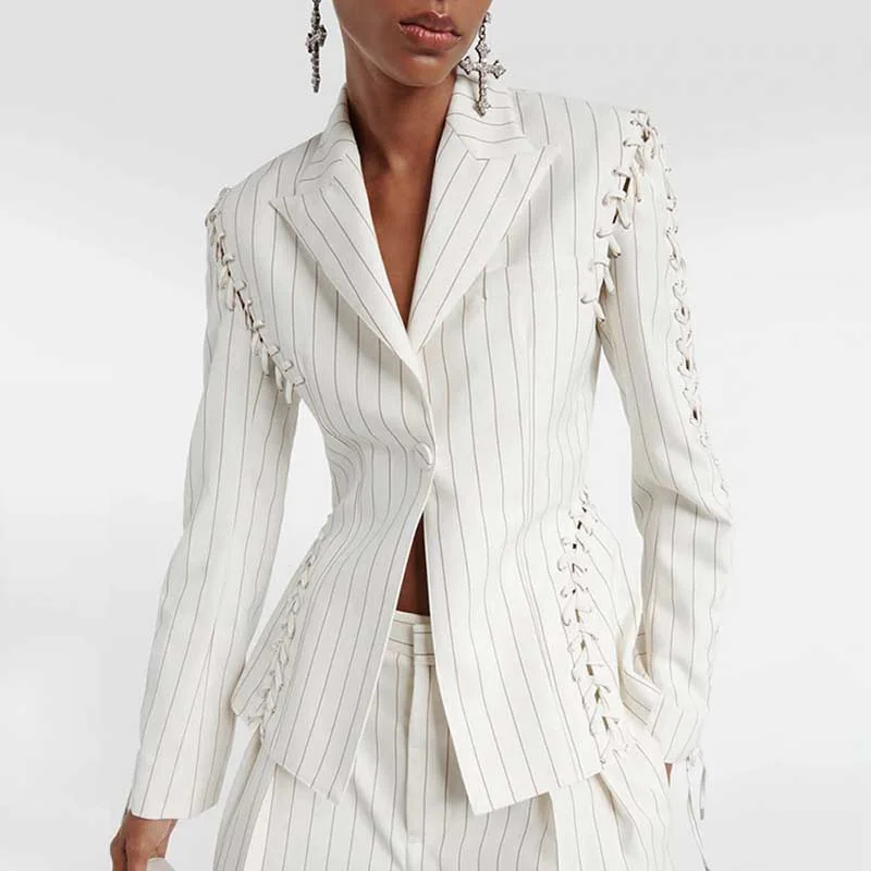 Women's Coats with CollarLace Up White Striped Print Lapel Collar Single Breasted Tailored Blazer