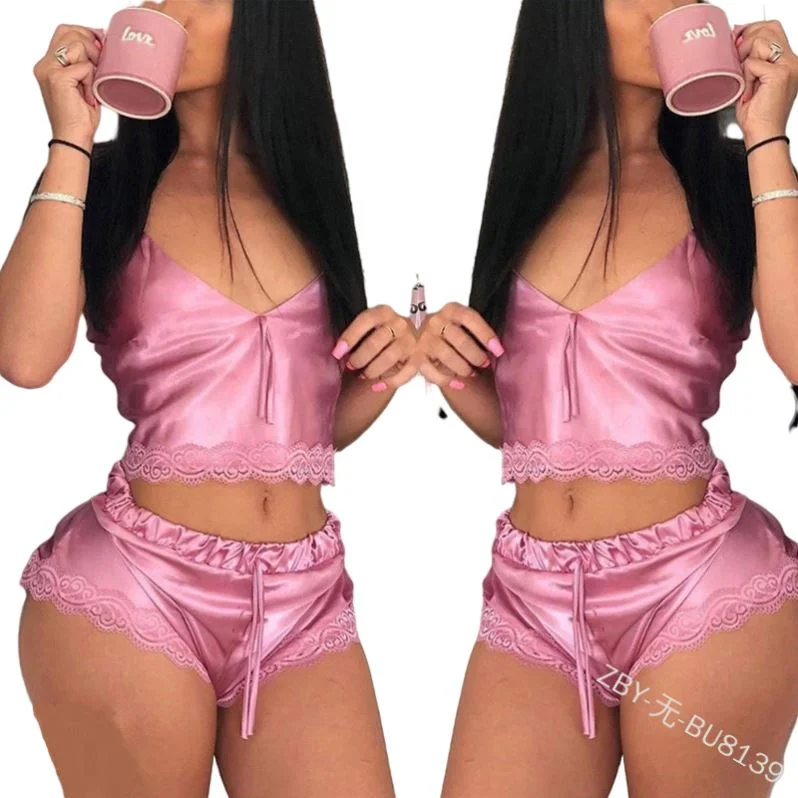 women's pajama sets with matching robes2023 New Arrival High Stretch Satin Solid Color Home Pajamas Sexy 2-piece Set Designer Sexy Satin Two Piece Sleepwear Lingerie