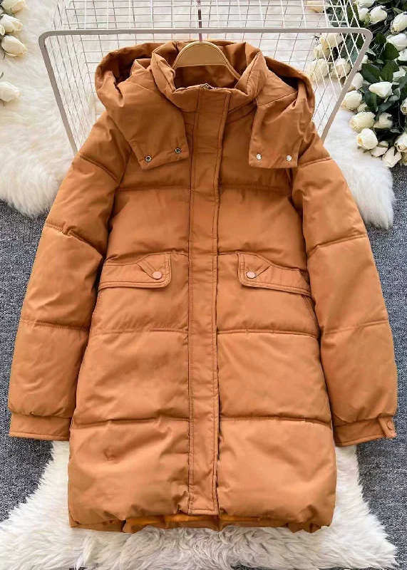 Women's Button-Up CoatsSimple Orange Hooded Zippered Pockets Parka Winter