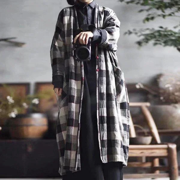 Women's Coats with Fur Trimmed CollarWomen Cotton Linen Trench Vintage Coats Pockets Plaid Long Sleeve Casual Women Cloths V-neck Trench