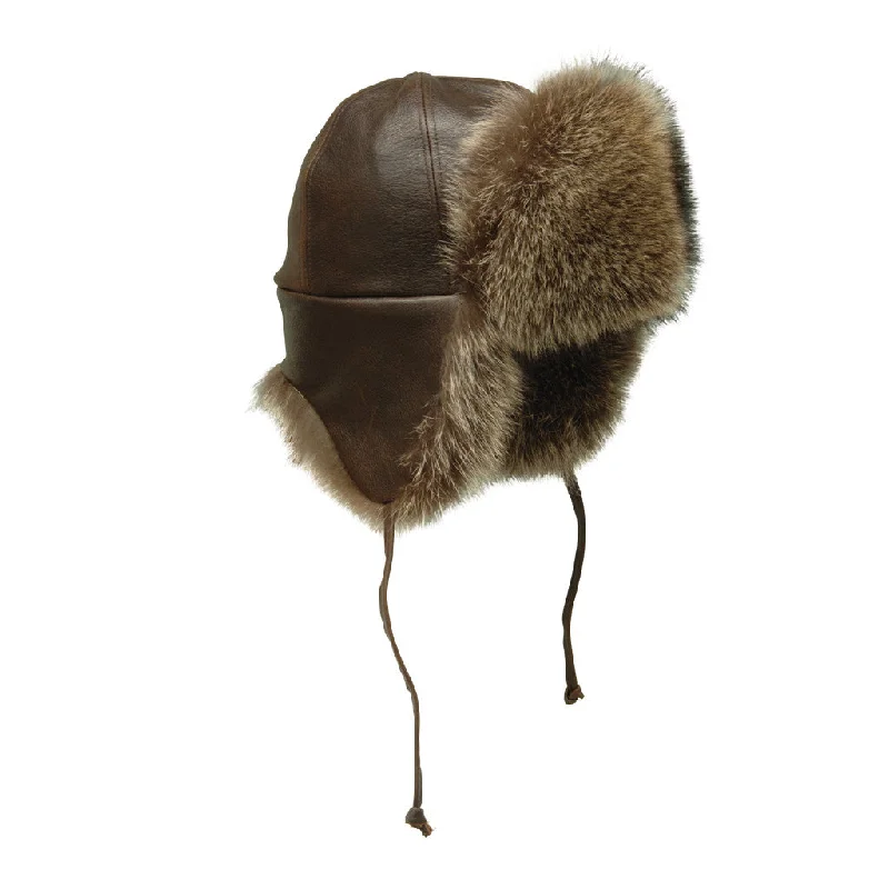 lightweight sports hatsRaccoon Leather and Fur Aviator Hat