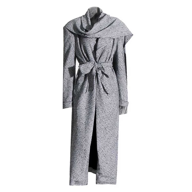 Women's Coats with Fur Trimmed SleevesScarf Trench Coat Lace-Up Grey Over-Size Long Coat