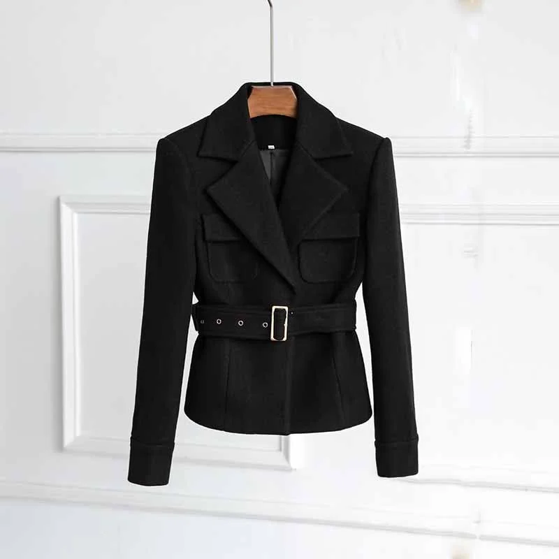 Women's Down CoatsBelted Black Brushed Blazer Double Breasted Jacket Formal Chic Style Coat