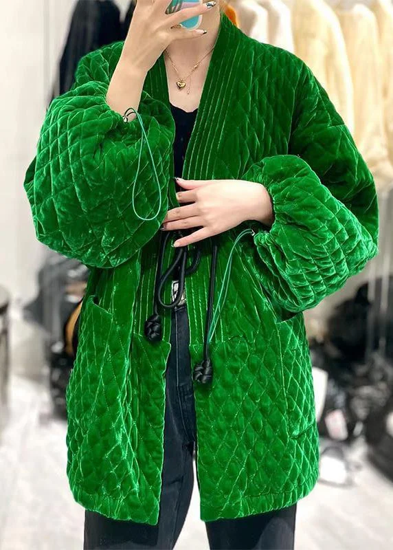 Women's Winter CoatsLoose Green Drawstring Pockets Patchwork Cotton Tops Winter