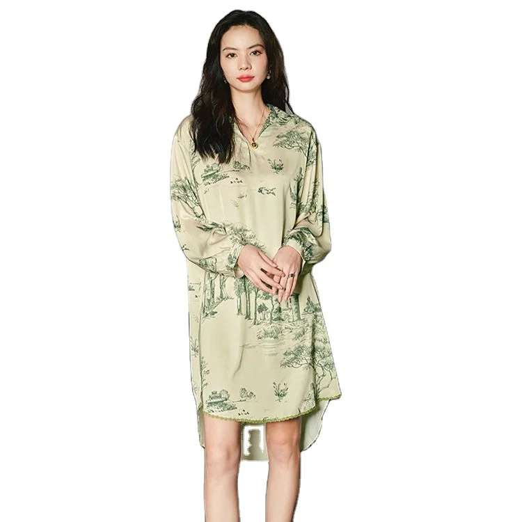 women's pajamas with a snug fitLadies Summer Pajamas V-Neck Loose Large Version Floral Print Shirt Dress Homewear Night Dress Sleepwear