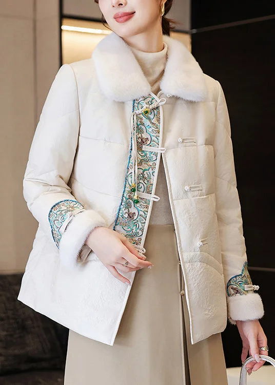 Women's Coats with Fur LiningWhite Chinese Button Faux Leather Down Coats Fur Collar Winter