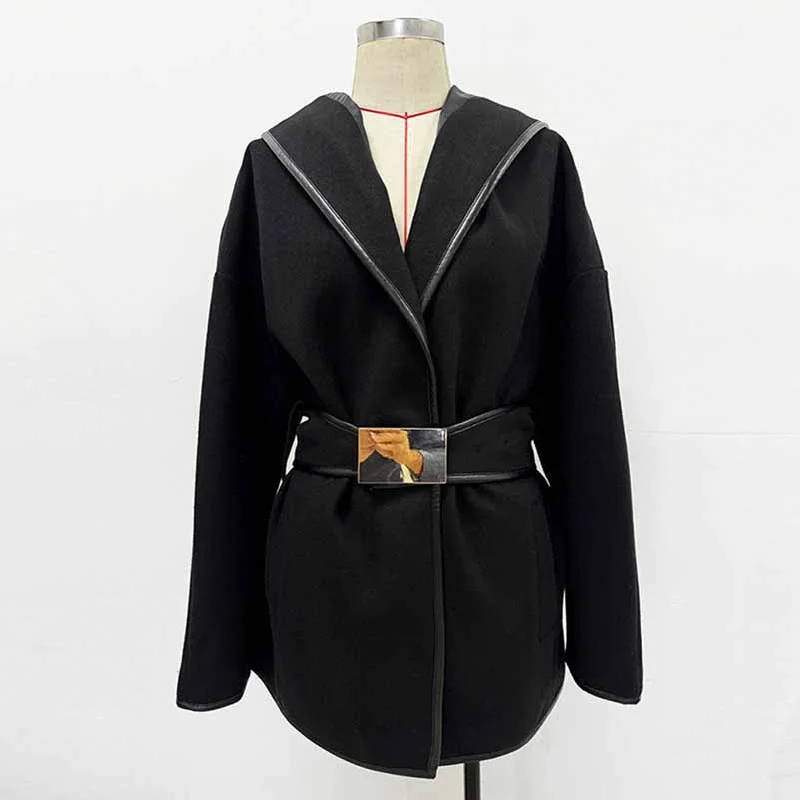 Women's Down CoatsWomen's Black Belted Woolen Coat