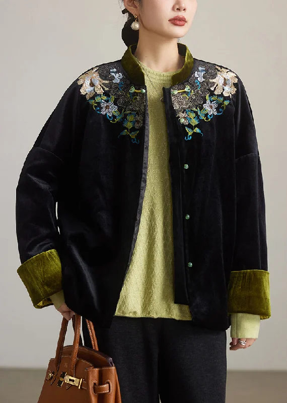 Women's Coats with ButtonsLoose Black Embroidered Button Cotton Filled Coat Winter