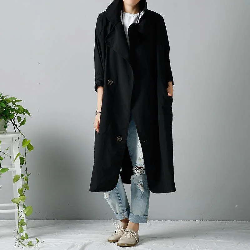 Women's Coats with Fur TrimBlack wind-breaker oversized dust coats trench