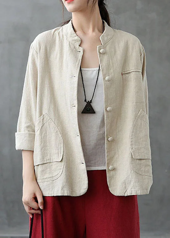 Stylish Women's CoatsItalian Beige Stand Collar Pockets Patchwork Linen Coats Spring