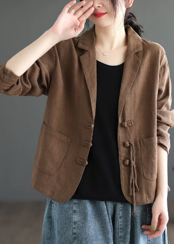 Women's Coats with Fur Trimmed SleevesWomen Brown Tasseled Button Pockets Patchwork Linen Coats Fall