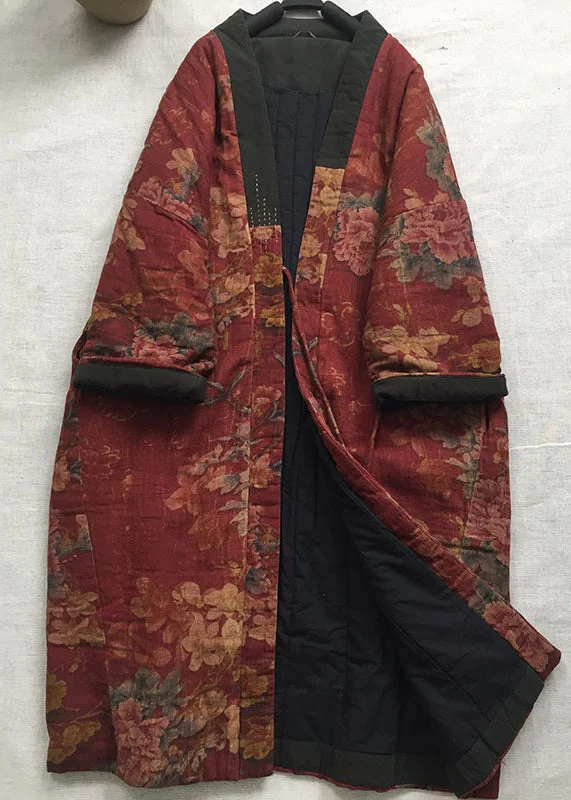 Women's Coats with HoodVintage Red V Neck Print Fine Cotton Filled Long Coat Spring