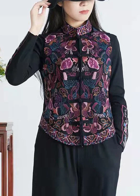 Women's Coats with Fur Trimmed BeltLoose Black Embroideried Chinese Button Patchwork Linen Waistcoat Sleeveless