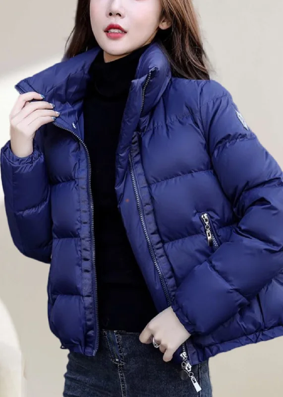 Women's Coats with Fur Trimmed PocketsSimple Blue Stand Collar Zip Up Solid Down Coat Winter