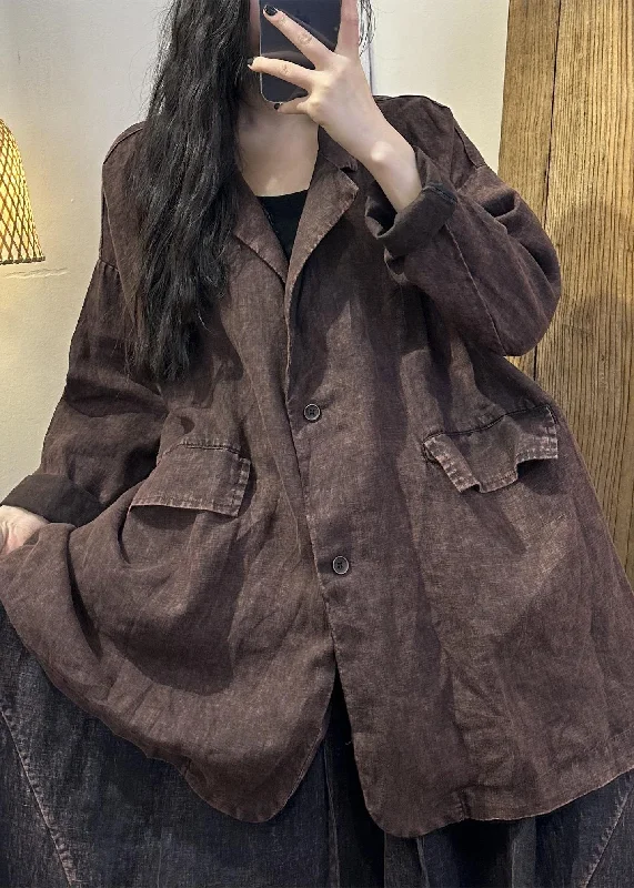 Women's Coats with ButtonsVintage Coffee Patchwork Button Linen Coats Long Sleeve