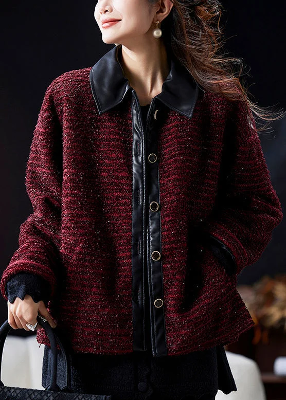 Women's Leather CoatsElegant Wine Red Peter Pan Collar Button Patchwork Parkas Winter