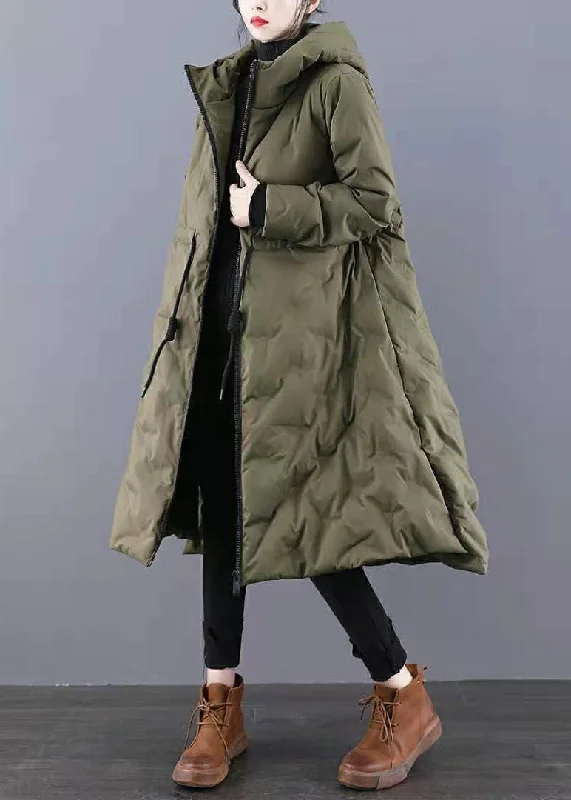 Women's Coats with Fur Trimmed BeltBoho Army Green Hooded Drawstring Side Open Thick Duck Down Down Coats Winter