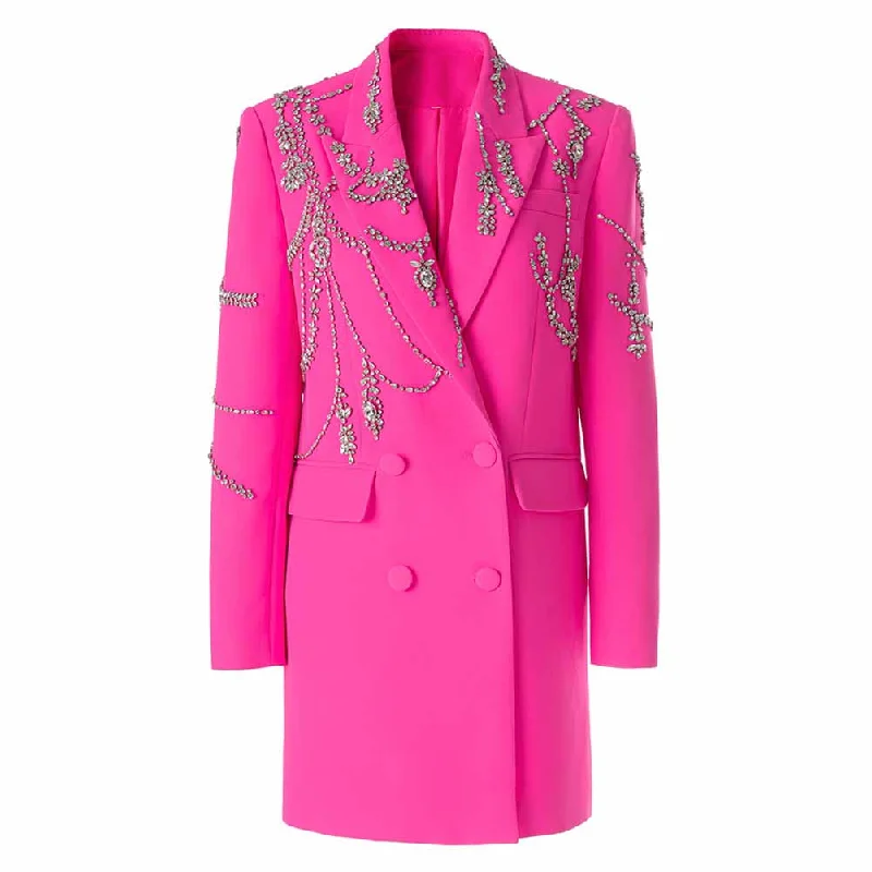 Women's Windbreaker CoatsWomen Sparkly Fuchsia Blazer Long Hand Stitched Stones Coat Cocktail Blazer Dress