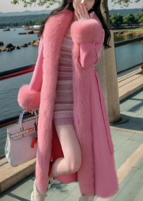 Women's Coats with Fur Trimmed BeltPink Pockets Woolen Maxi Coat Fox Collar Long Sleeve